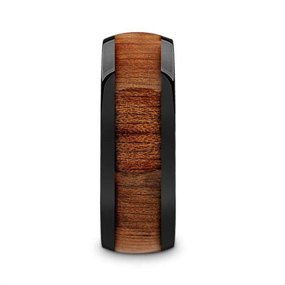 MABINI Black Ceramic Mahogany Wood Inlaid Men's Domed Wedding Band with Polished Finish - 8mm
