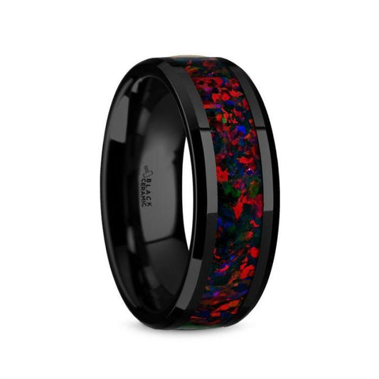 MATRIX Black Ceramic Polished Beveled Edges Men's Wedding Band with Black Opal Inlay - 8mm - Thorsten Rings