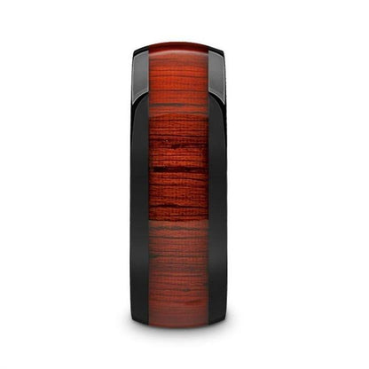 MANE Black Ceramic Polished Finish Men's Domed Wedding Band with Padauk Wood Inlay - 8mm