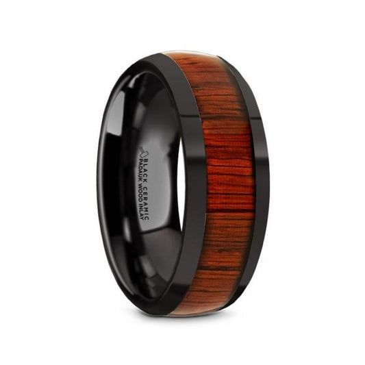 MANE Black Ceramic Polished Finish Men's Domed Wedding Band with Padauk Wood Inlay - 8mm - Thorsten Rings