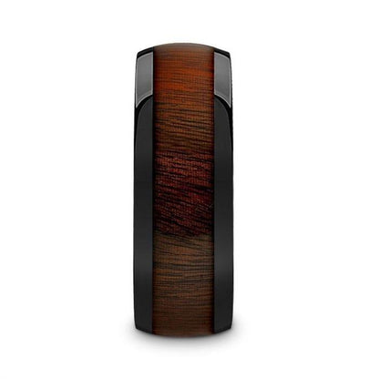 ROSAE Black Ceramic Domed Profile Polished Finish Men's Wedding Band with Rose Wood Inlay - 8mm