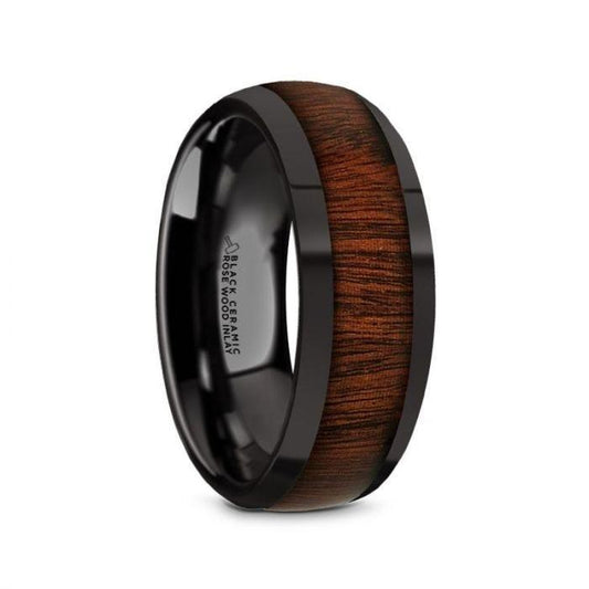 ROSAE Black Ceramic Domed Profile Polished Finish Men's Wedding Band with Rose Wood Inlay - 8mm - Thorsten Rings