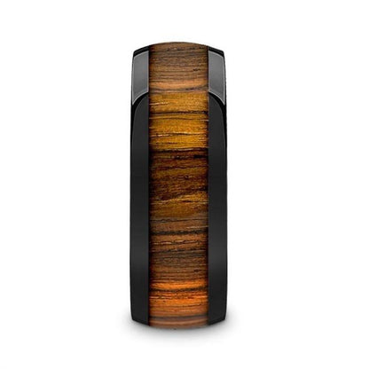 ZERRA Black Ceramic Polished Finish Men's Domed Wedding Ring with Zebra Wood Inlay - 8mm