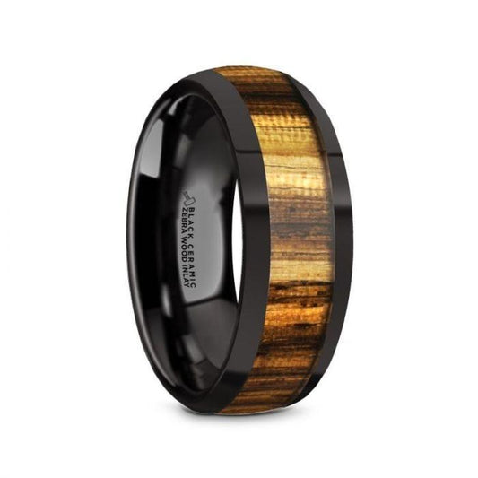 ZERRA Black Ceramic Polished Finish Men's Domed Wedding Ring with Zebra Wood Inlay - 8mm - Thorsten Rings