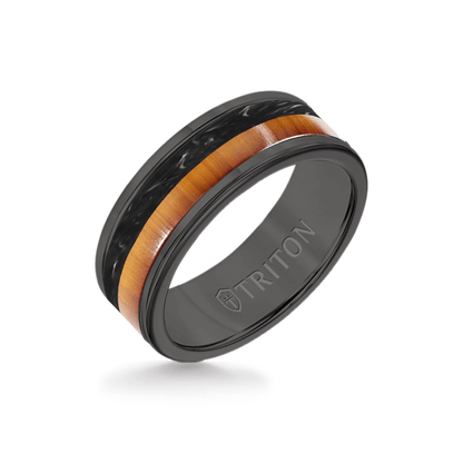 8MM Black Tungsten Carbide Ring - Forged Carbon and Cherry Wood Dome Fusion Insert with Round Edge