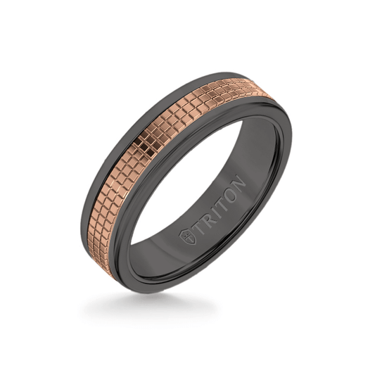 6MM Black Tungsten Carbide Ring – Cubed 14K Rose Gold Insert with Round Edge