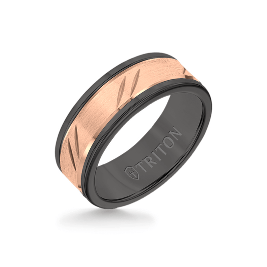 8MM Black Tungsten Carbide Ring - Bevel Diagonal Cut 14K Rose Gold Insert with Round Edge