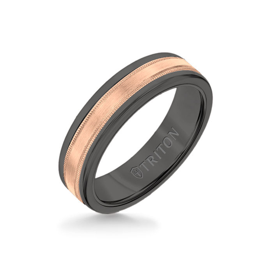 6MM Black Tungsten Carbide Ring - Flat Milgrain 14K Rose Gold Insert with Round Edge