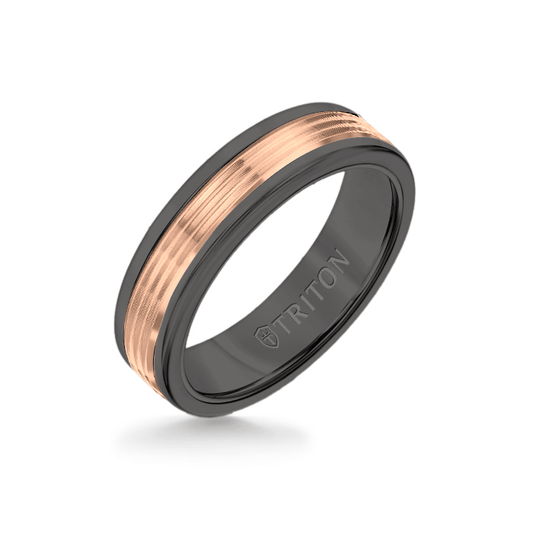 6MM Black Tungsten Carbide Ring - Serrated Engraved 14K Rose Gold Insert with Round Edge