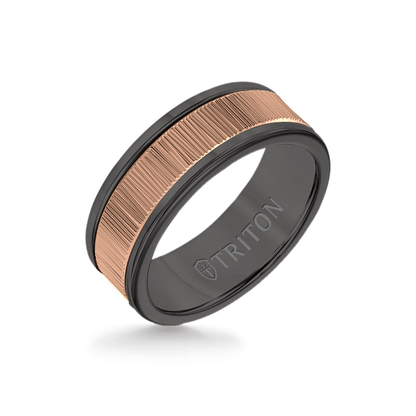 8MM Black Tungsten Carbide Ring – Vertical Geometric 14K Rose Gold Insert with Round Edge