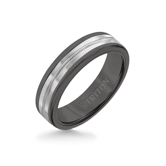 6MM Black Tungsten Carbide Ring - Center Milgrain 14K White Gold Insert with Round Edge