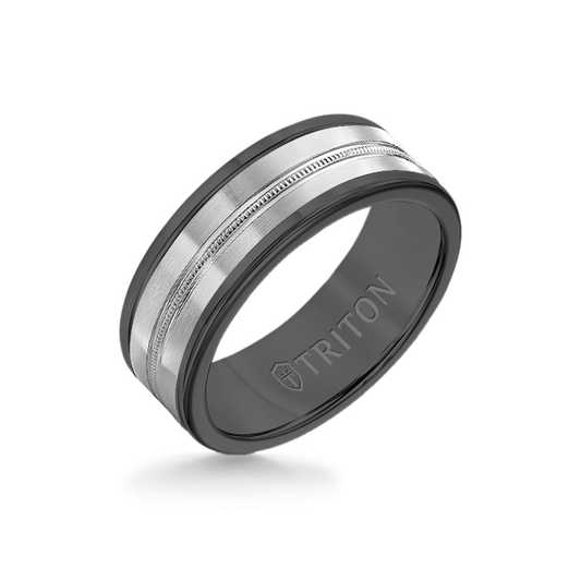 8MM Black Tungsten Carbide Ring - Center Milgrain 14K White Gold Insert with Round Edge