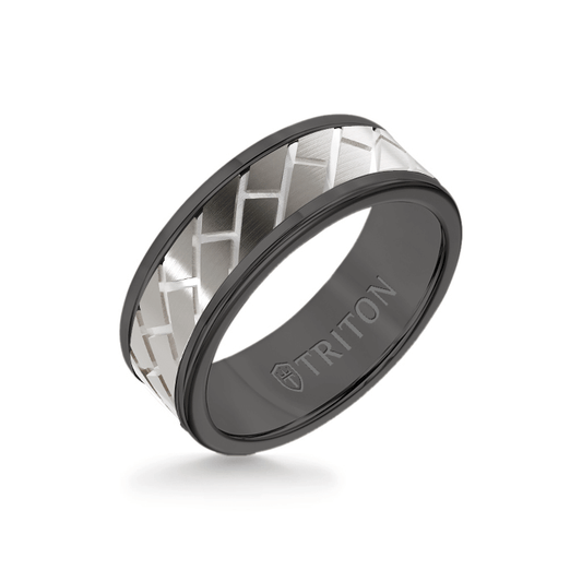 8MM Black Tungsten Carbide Ring – Diagonal Brick 14K White Gold Insert with Round Edge