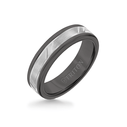 6MM Black Tungsten Carbide Ring - Bevel Diagonal Cut 14K White Gold Insert with Round Edge