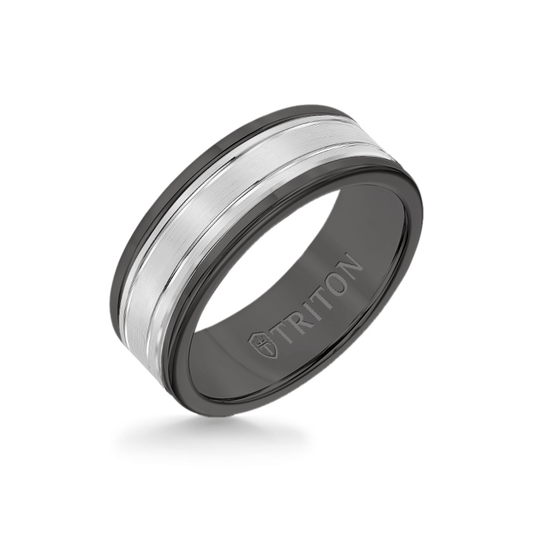8MM Black Tungsten Carbide Ring - Double Engraved 14K White Gold Insert with Round Edge