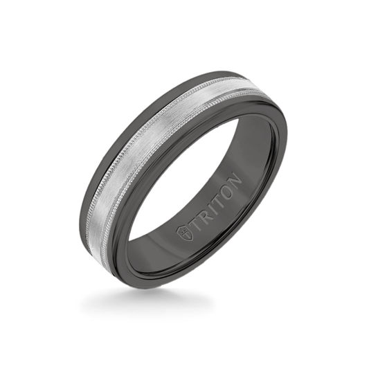 6MM Black Tungsten Carbide Ring - Flat Milgrain 14K White Gold Insert with Round Edge