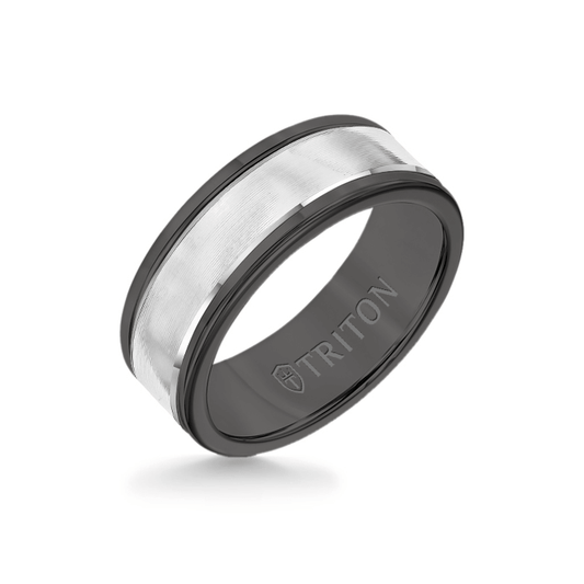 8MM Black Tungsten Carbide Ring - Linear 14K White Gold Insert with Round Edge