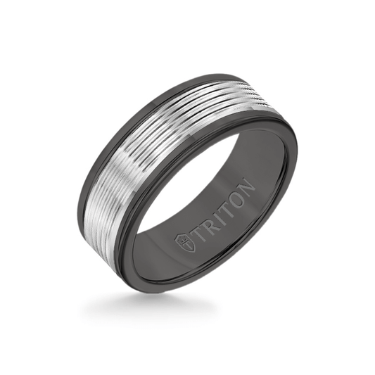 8MM Black Tungsten Carbide Ring - Serrated Engraved 14K White Insert with Round Edge