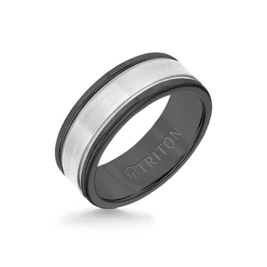 8MM Black Tungsten Carbide Ring - Step Edge 14K White Gold Insert with Round Edge
