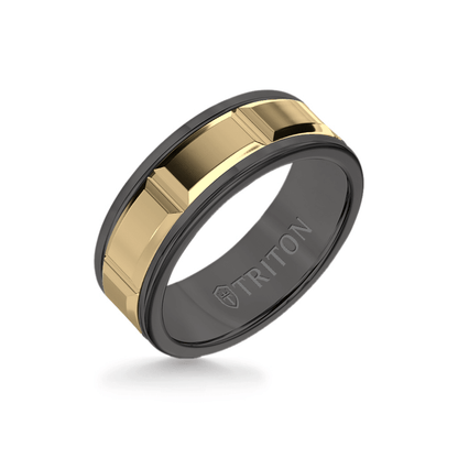 8MM Black Tungsten Carbide Ring – Beveled Prism 14K Yellow Gold Insert with Round Edge