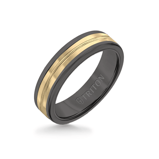 6MM Black Tungsten Carbide Ring - Center Milgrain 14K Yellow Gold Insert with Round Edge