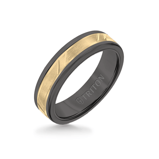 6MM Black Tungsten Carbide Ring - Bevel Diagonal Cut 14K Yellow Gold Insert with Round Edge