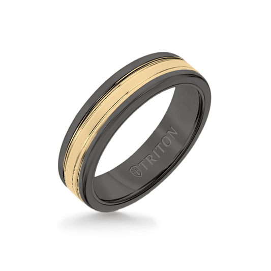 6MM Black Tungsten Carbide Ring - Double Engraved 14K Yellow Gold Insert with Round Edge