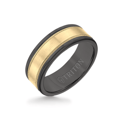 8MM Black Tungsten Carbide Ring - Flat Milgrain 14K Yellow Gold Insert with Round Edge