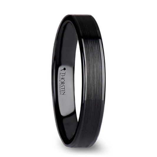 OLIVIA Women's Flat Black Ceramic Ring with Brushed Center & Polished Edges - 4mm - Thorsten Rings