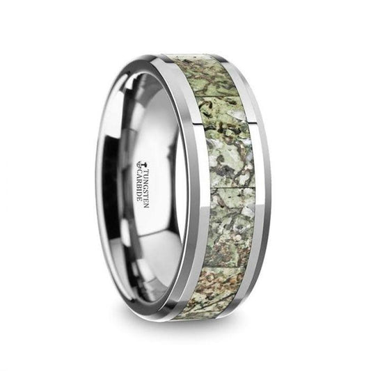 TARGARYEN Men's Tungsten Wedding Band with Green Dinosaur Bone Inlay & Beveled Edges - 8mm - Thorsten Rings