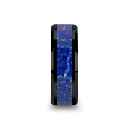 MARLOW Men's Polished Black Ceramic Wedding Band with Blue Lapis Inlay & Beveled Edges - 8mm