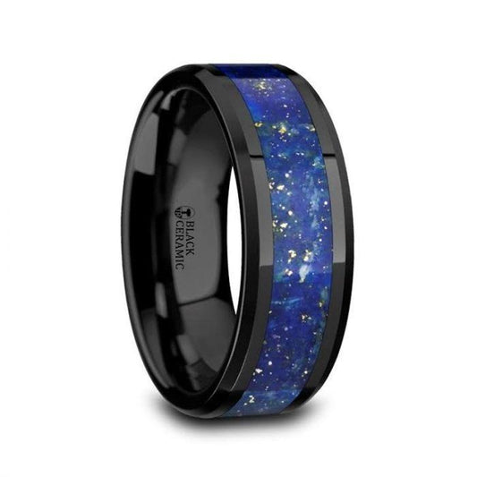 MARLOW Men's Polished Black Ceramic Wedding Band with Blue Lapis Inlay & Beveled Edges - 8mm - Thorsten Rings
