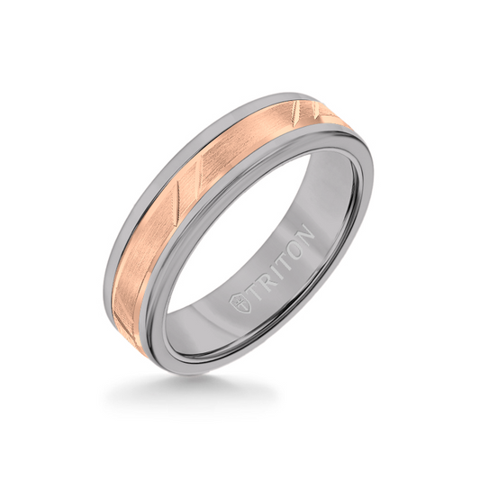 6MM Grey Tungsten Carbide Ring - Bevel Diagonal Cut 14K Rose Gold Insert with Round Edge