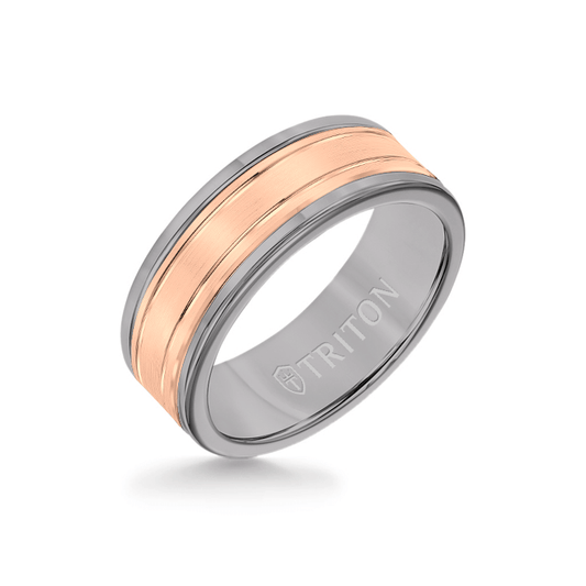 8MM Grey Tungsten Carbide Ring - Double Engraved 14K Rose Gold Insert with Round Edge