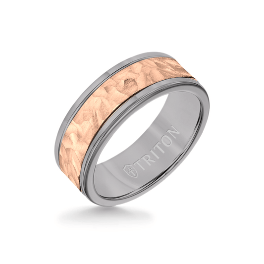 8MM Grey Tungsten Carbide Ring - Hammered 14K Rose Gold Insert with Round Edge