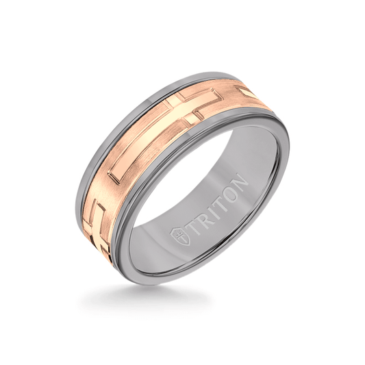 8MM Grey Tungsten Carbide Ring - Religious 14K Rose Gold Insert with Round Edge