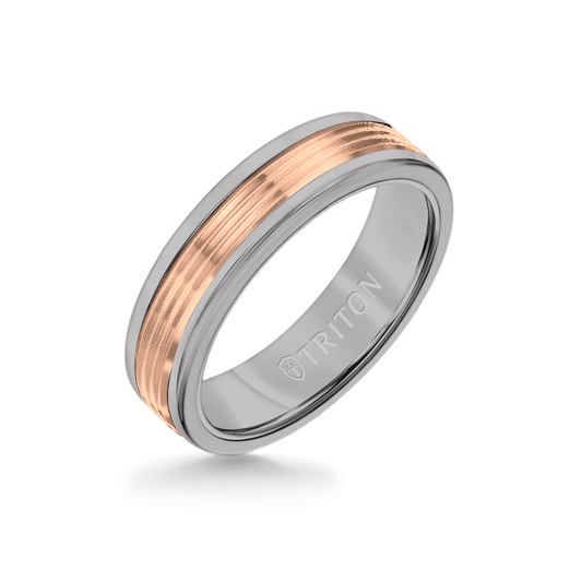 6MM Grey Tungsten Carbide Ring - Serrated Engraved 14K Rose Gold Insert with Round Edge