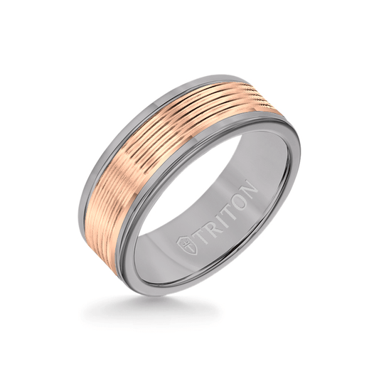 8MM Grey Tungsten Carbide Ring - Serrated Engraved 14K Rose Insert with Round Edge