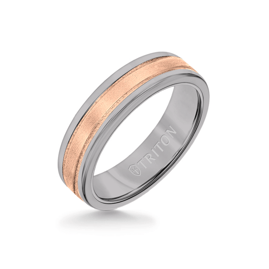 6MM Grey Tungsten Carbide Ring - Step Edge 14K Rose Gold Insert with Round Edge