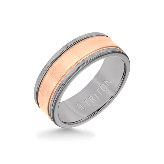 8MM Grey Tungsten Carbide Ring - Step Edge 14K Rose Gold Insert with Round Edge