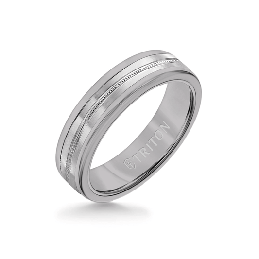 6MM Grey Tungsten Carbide Ring - Center Milgrain 14K White Gold Insert with Round Edge