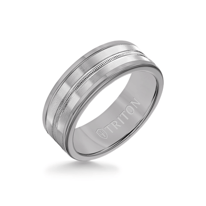 8MM Grey Tungsten Carbide Ring - Center Milgrain 14K White Gold Insert with Round Edge