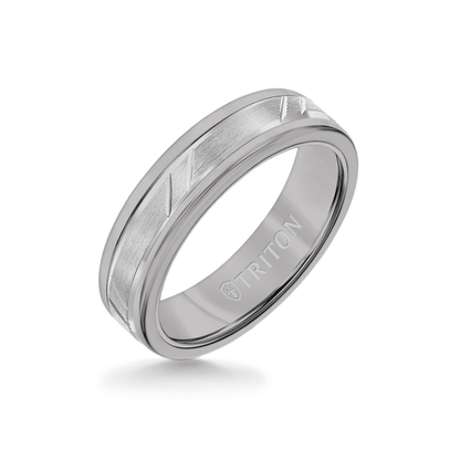 6MM Grey Tungsten Carbide Ring - Bevel Diagonal Cut 14K White Gold Insert with Round Edge