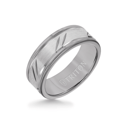 8MM Grey Tungsten Carbide Ring - Bevel Diagonal Cut 14K White Gold Insert with Round Edge