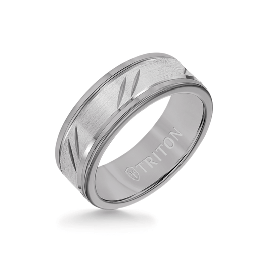 8MM Grey Tungsten Carbide Ring - Bevel Diagonal Cut 14K White Gold Insert with Round Edge