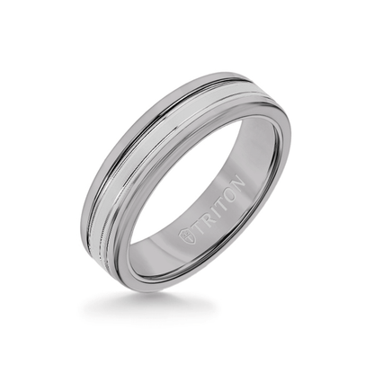 6MM Grey Tungsten Carbide Ring - Double Engraved 14K White Gold Insert with Round Edge
