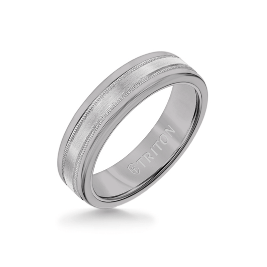 6MM Grey Tungsten Carbide Ring - Flat Milgrain 14K White Gold Insert with Round Edge