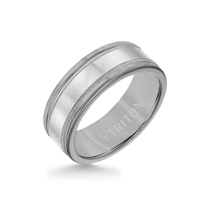 8MM Grey Tungsten Carbide Ring - Flat Milgrain 14K White Gold Insert with Round Edge