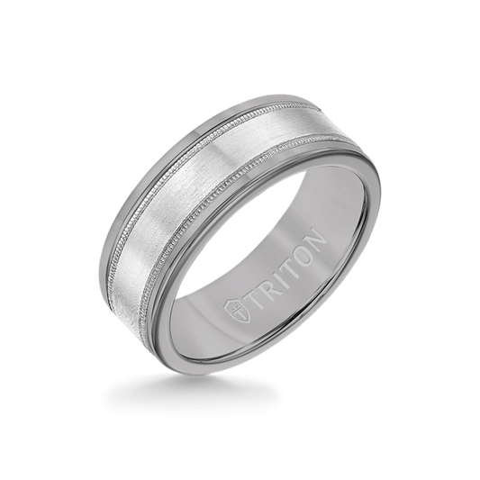 8MM Grey Tungsten Carbide Ring - Flat Milgrain 14K White Gold Insert with Round Edge