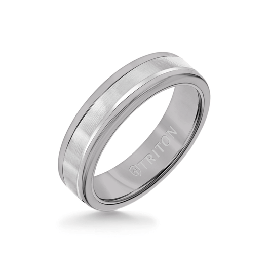 6MM Grey Tungsten Carbide Ring - Linear 14K White Gold Insert with Round Edge